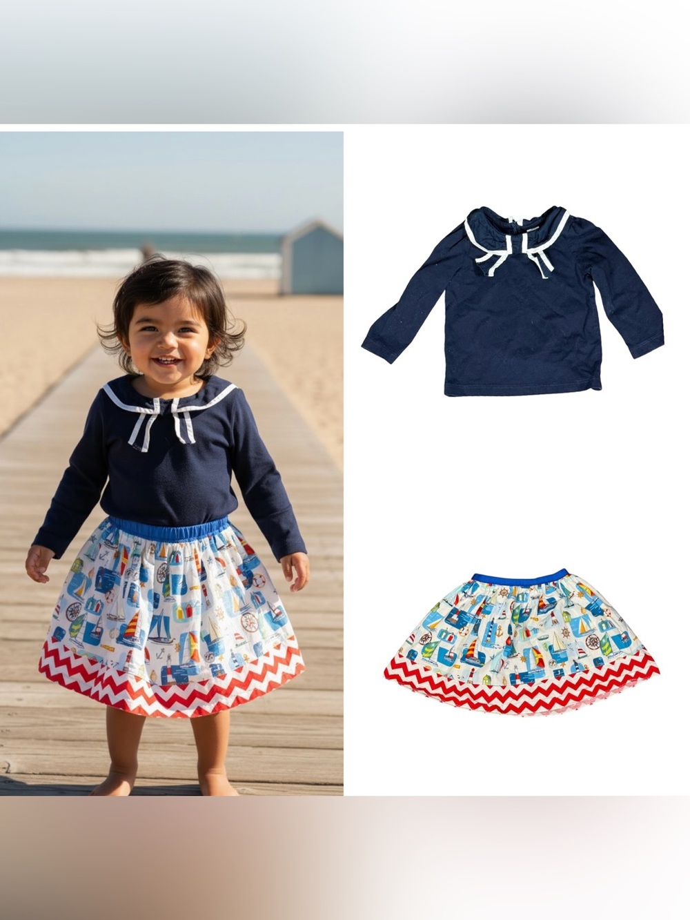 Janie and Jack Navy Top with Blue, Red and White Nautical Skirt